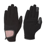 Black touchscreen roka riding gloves with pink glitter wrist strap and reinforced fingertips for glamorous riding gloves