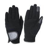 Black hy equestrian roka riding gloves with touchscreen tips and glittery silver wrist strap for glamorous riding gloves