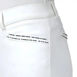 White roka rose breeches with sleek fabric and black rhinestone trim on waistband perfect for equestrian style