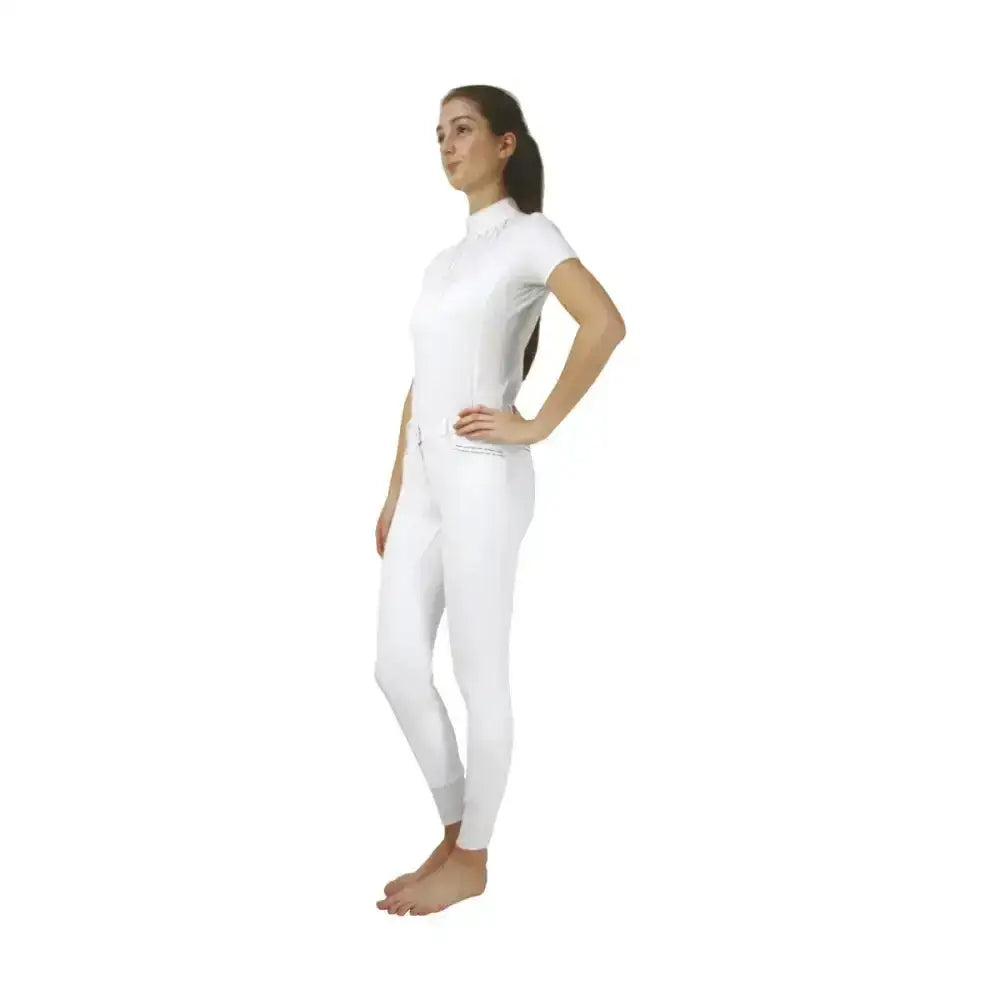 White fitted equestrian roka rose show shirt with short sleeves and high neckline for active riders