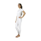 White fitted equestrian roka rose show shirt with short sleeves and high neckline for active riders