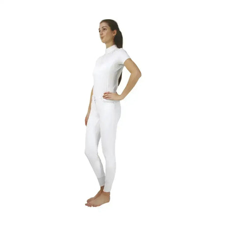 White fitted equestrian roka rose show shirt with short sleeves and high neckline for active riders