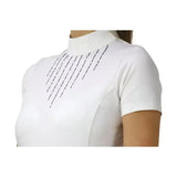 White short-sleeved roka rose show shirt with high neckline and black diagonal stitch perfect for active rider