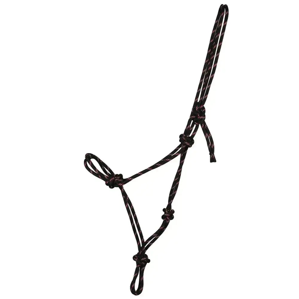 Black braided Hy Equestrian rope halter with reinforced knots and looped handle that tightens slightly