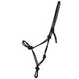 Black braided Hy Equestrian rope halter with reinforced knots and looped handle that tightens slightly