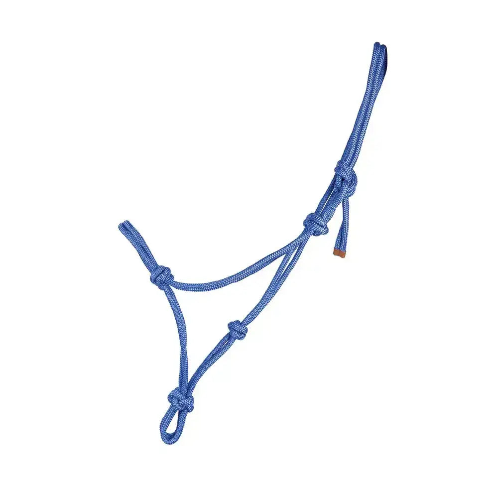 Blue braided hy equestrian rope halter with reinforced knots and a small brown leather tab that tightens slightly