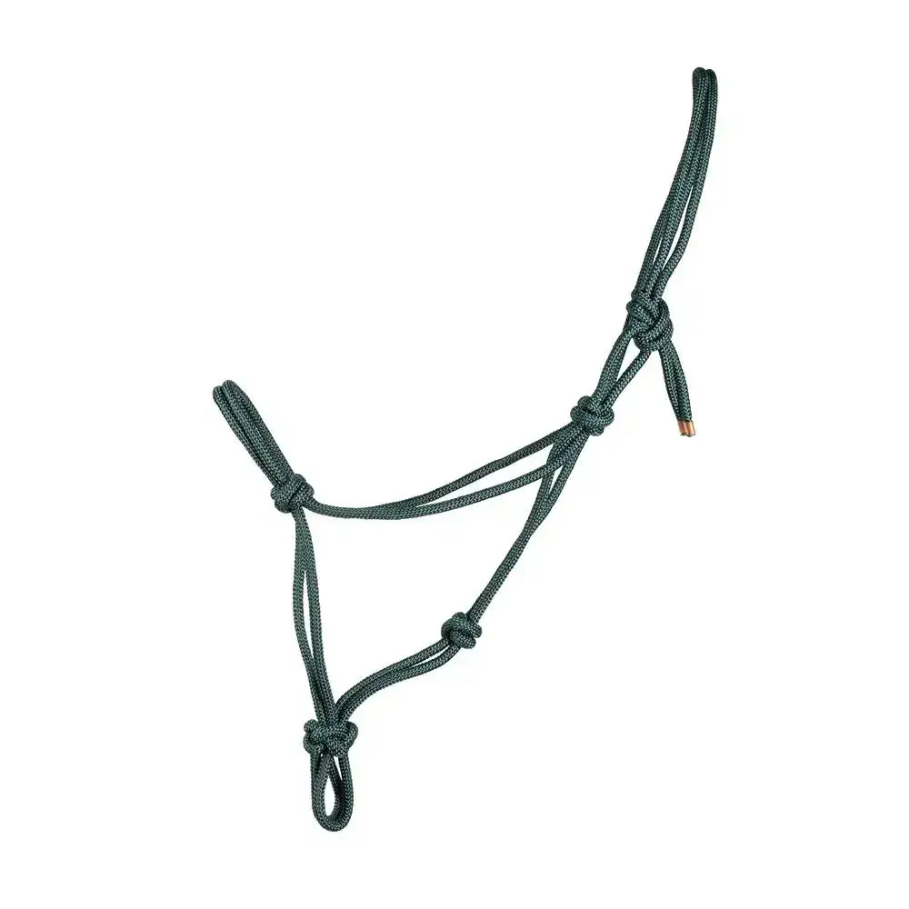 Dark green braided hy equestrian rope halter with reinforced knots copper metal tip halter tightens slightly
