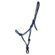 Navy blue hy equestrian rope halter with reinforced knots and looped handle that tightens slightly for a secure fit