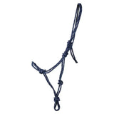 Navy blue hy equestrian rope halter with reinforced knots and looped handle that tightens slightly for a secure fit
