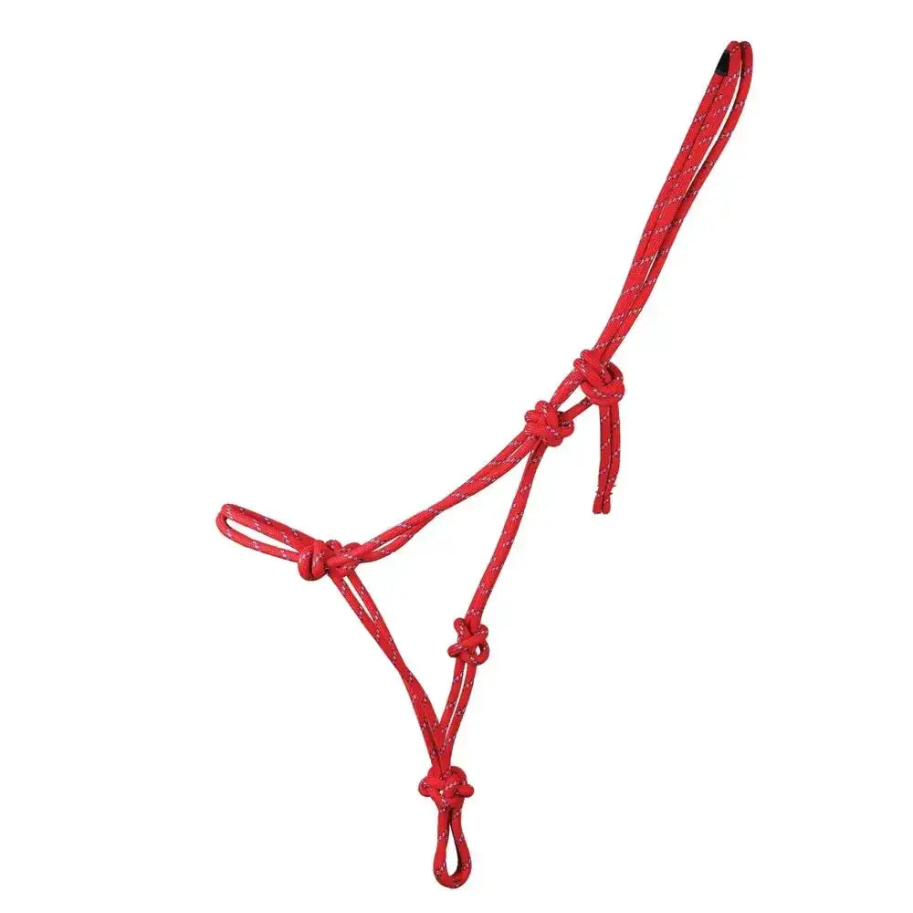 Red braided rope halter with reinforced knots and a looped handle from Hy Equestrian that tightens slightly