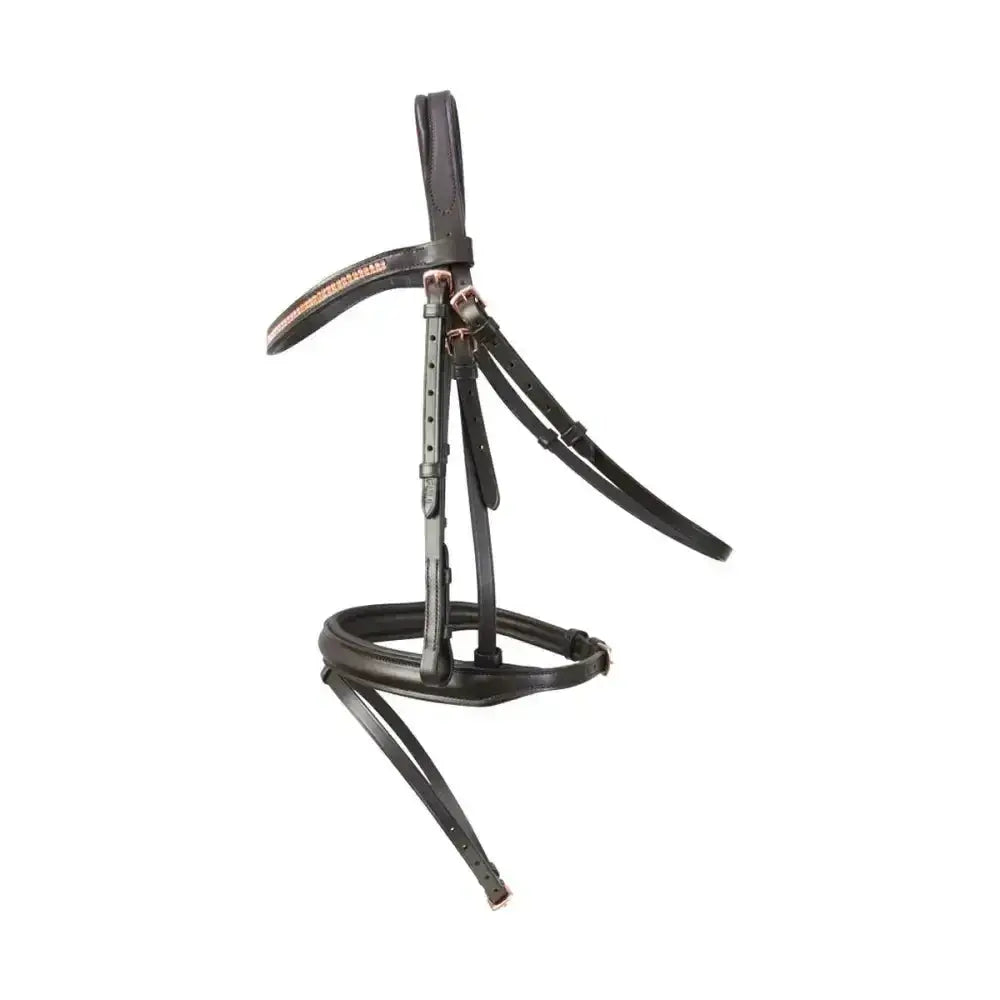 Black leather rosciano rose gold bridle with padded browband and rose gold hardware for stylish equestrian use