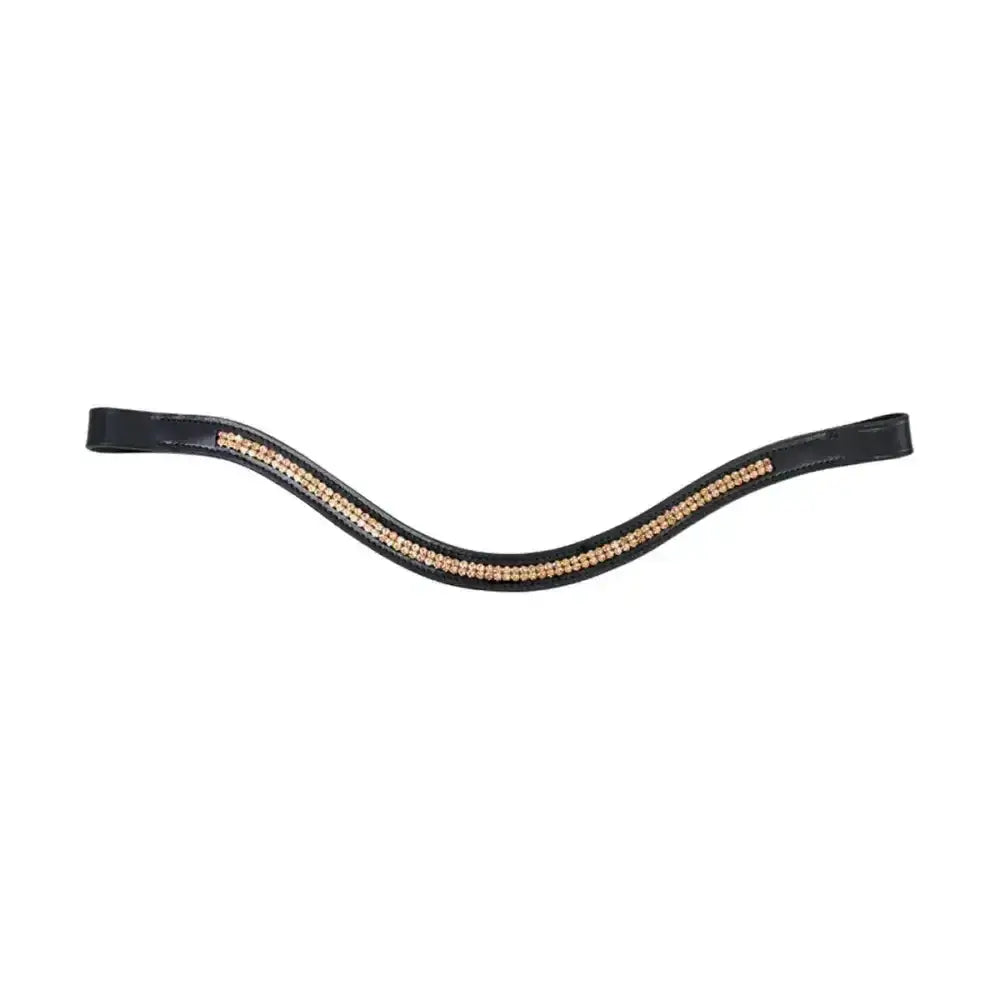 Black leather horse bridle browband with a central row of sparkling rose gold diamante in rosciano rose gold style
