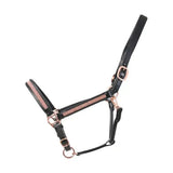 Black leather horse halter with rose gold hardware and pink beaded stripe from hy equestrian rosciano rose gold head collar