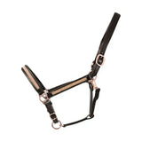 Black leather rosciano rose gold head collar with rose gold hardware and rhinestone trim by hy equestrian