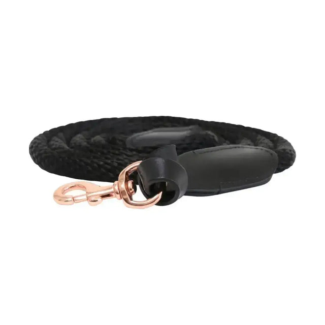 Black braided rope leash with rose gold lead rope clasp and leather handle from hy equestrian rosciano rose gold collection