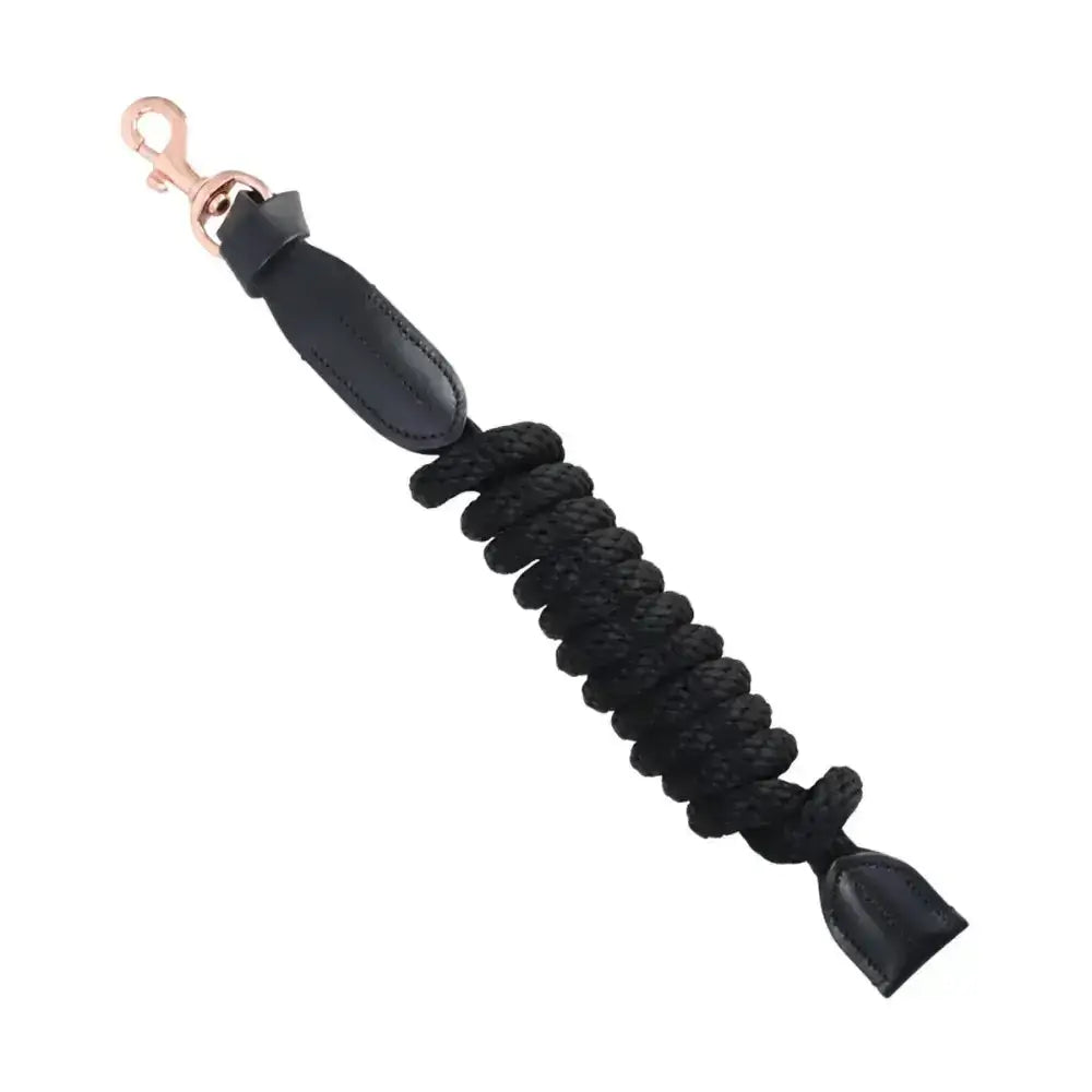 Black braided rope lead with rose gold lead rope clasp and black leather ends from hy equestrian rosciano rose gold collection