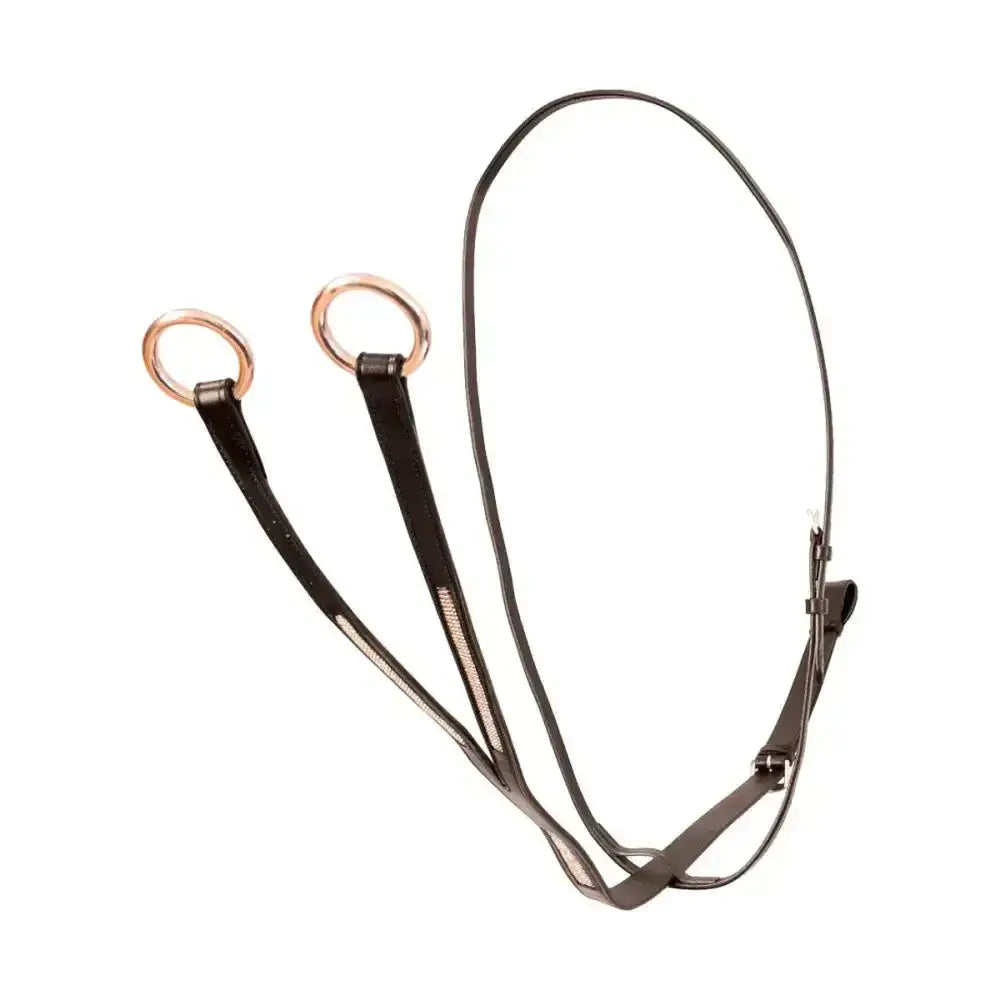 Black leather horse bridle with rose gold metal rings and reflective silver mesh strap hy equestrian rosciano rose gold martingale
