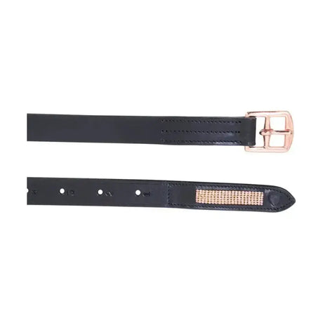 Black leather hy equestrian rosciano rose gold stirrup leathers with rose gold buckle and rhinestone tip