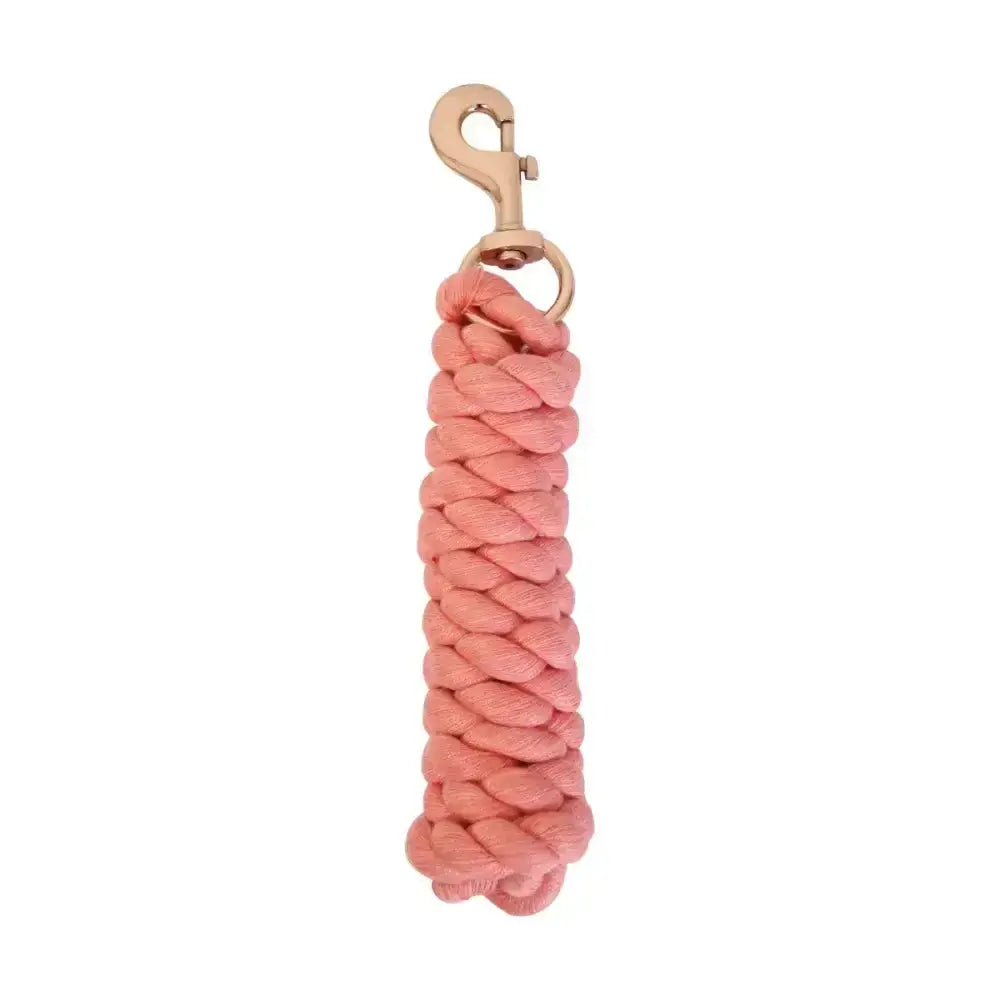 A coral-colored braided equestrian rose gold lead rope with a gold-toned metal clasp for classic use