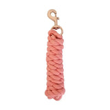 A coral-colored braided equestrian rose gold lead rope with a gold-toned metal clasp for classic use