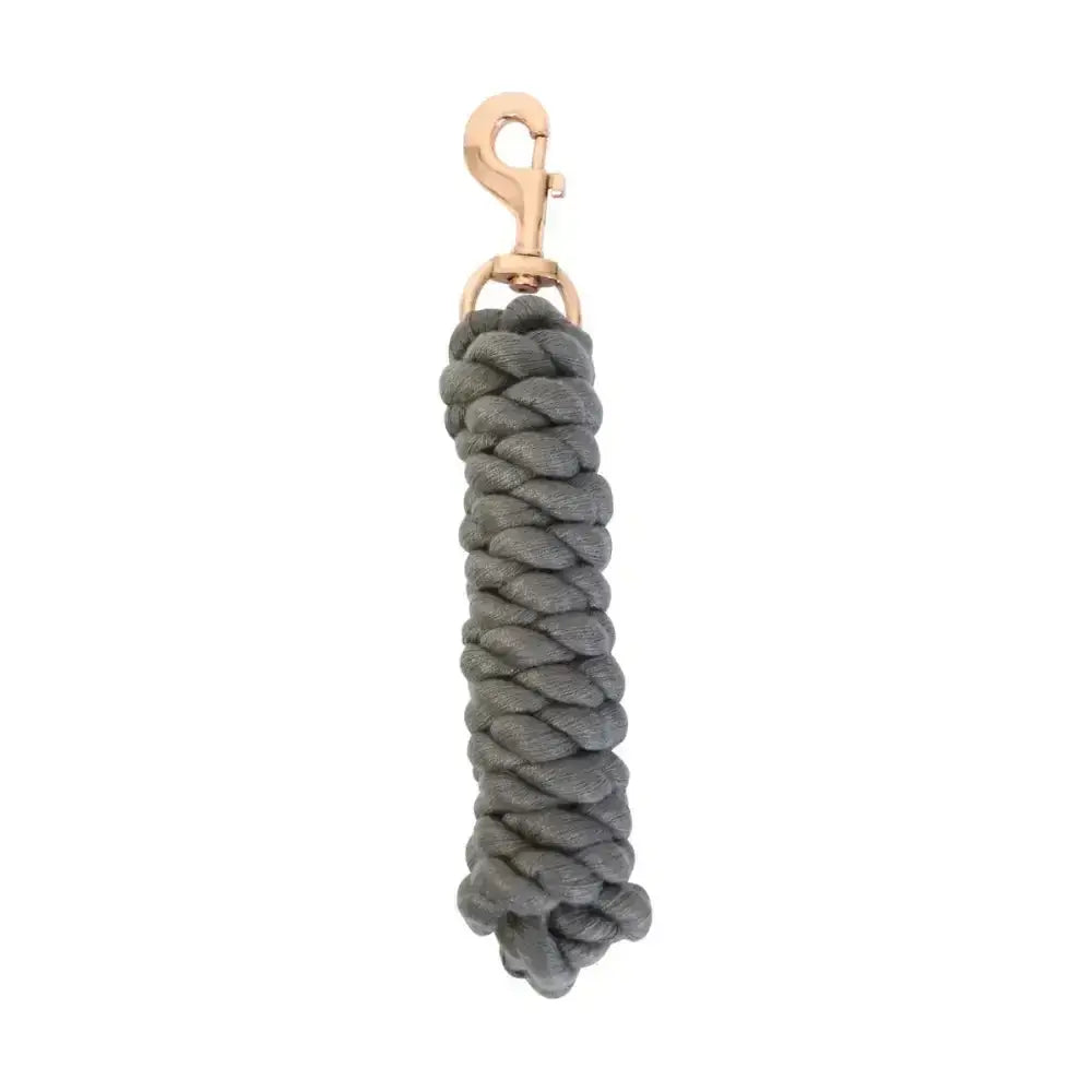 Dark gray braided rope with a rose gold lead rope clip from hy equestrian classic equestrian rose gold style
