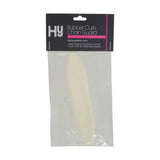 Pale yellow hy equestrian rubber curb chain guard made of rubber in clear plastic package with black and pink label