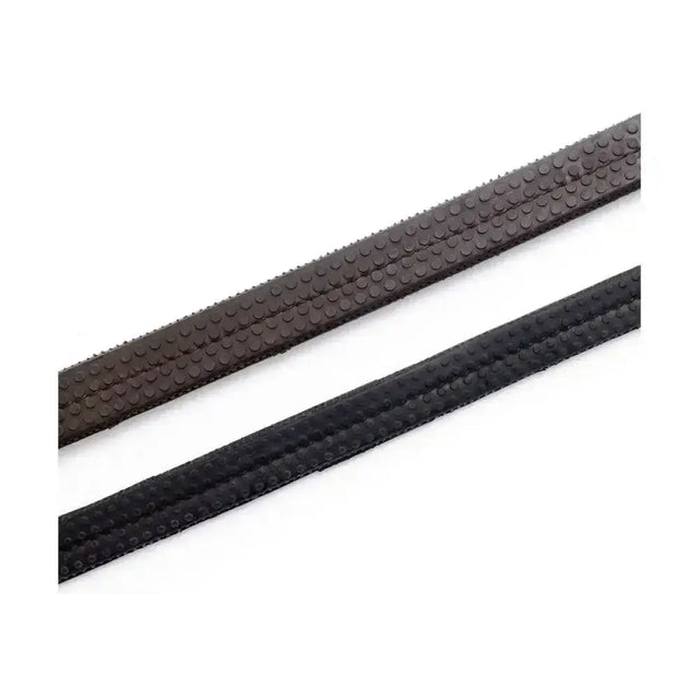 Two textured rubber grip reins in dark brown and black with raised bumps for better hold and billet hook fastening