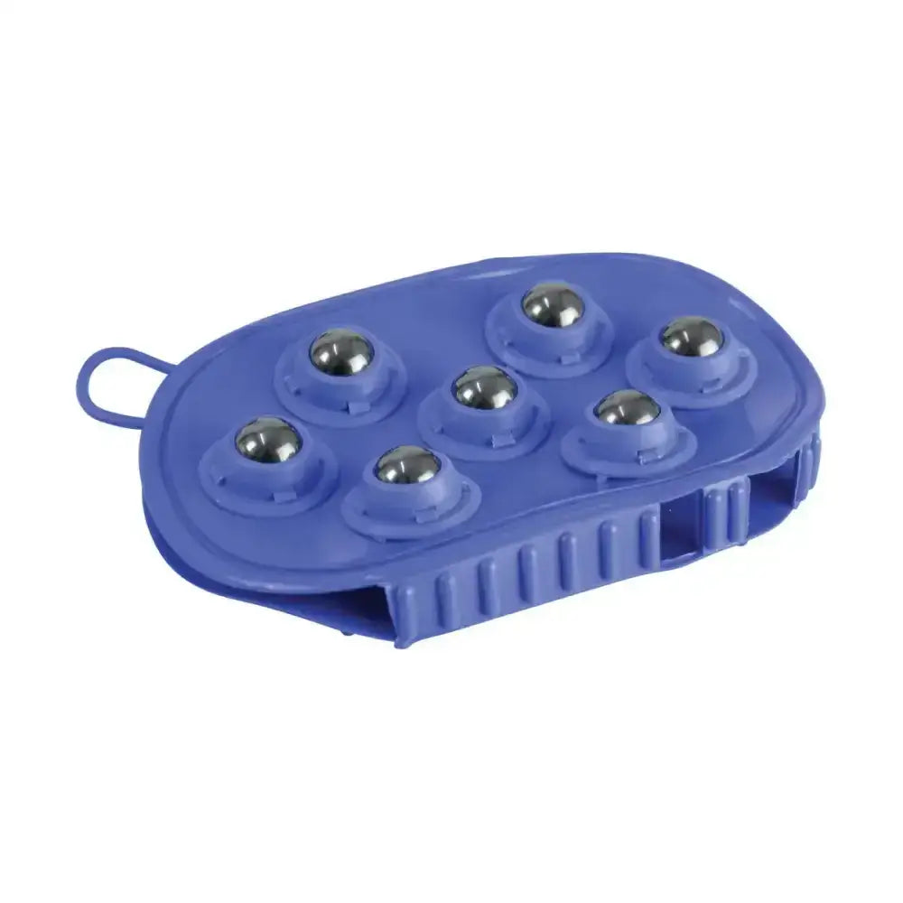 Blue hy equestrian rubber massage mitt with seven silver massaging roller balls embedded in its surface