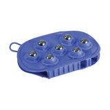 Blue hy equestrian rubber massage mitt with seven silver massaging roller balls embedded in its surface
