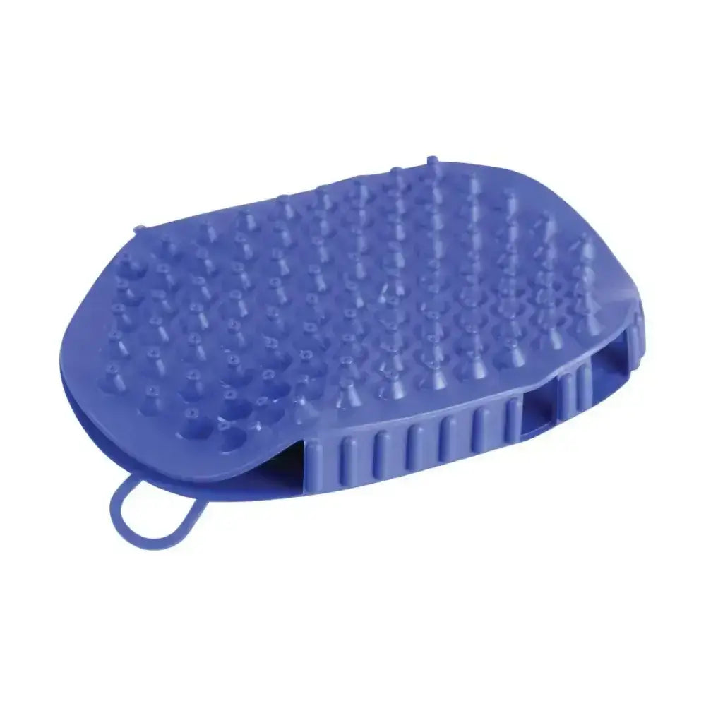 Blue hy equestrian rubber massage mitt with textured spikes and looped handle for effective rubber massage mitt use