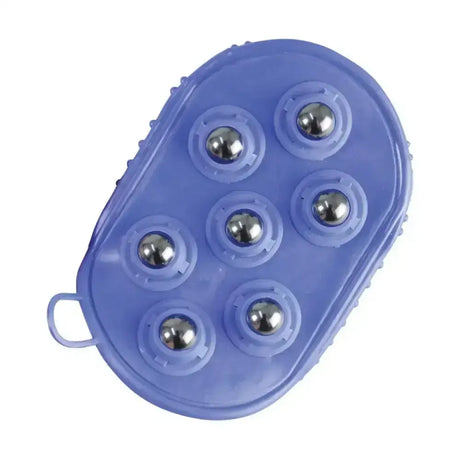 Purple equestrian rubber massage mitt with seven silver massaging roller balls for effective muscle relief