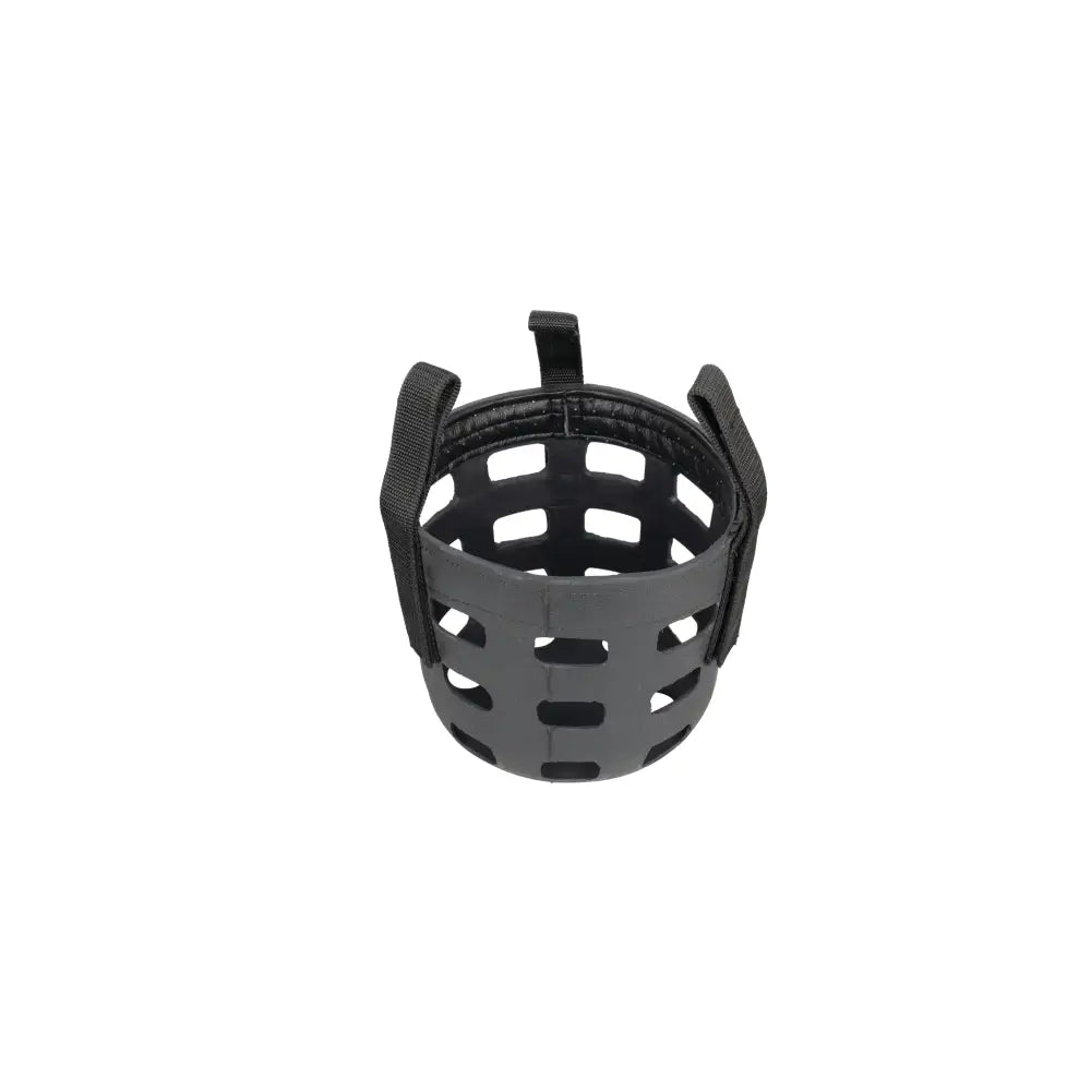Black plastic rubber muzzle with grid pattern and padded straps by hy equestrian for equestrian use
