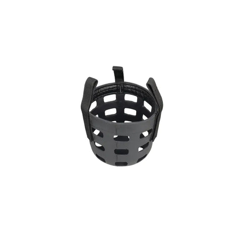 Black plastic rubber muzzle with grid pattern and padded straps by hy equestrian for equestrian use
