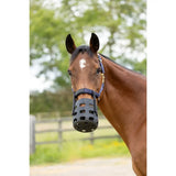 Black hy equestrian rubber muzzle with ventilation holes and adjustable straps for comfortable horse use