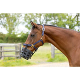 Navy blue leather equestrian rubber muzzle with gold metal hardware and breathable mesh design by hy equestrian