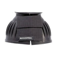 Black equestrian rubber reach boots with two velcro straps and hu equestrian label made of moulded rubber