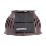 Brown moulded rubber horse hoof reach boot with black velcro straps and hy equestrian label for over reach protection