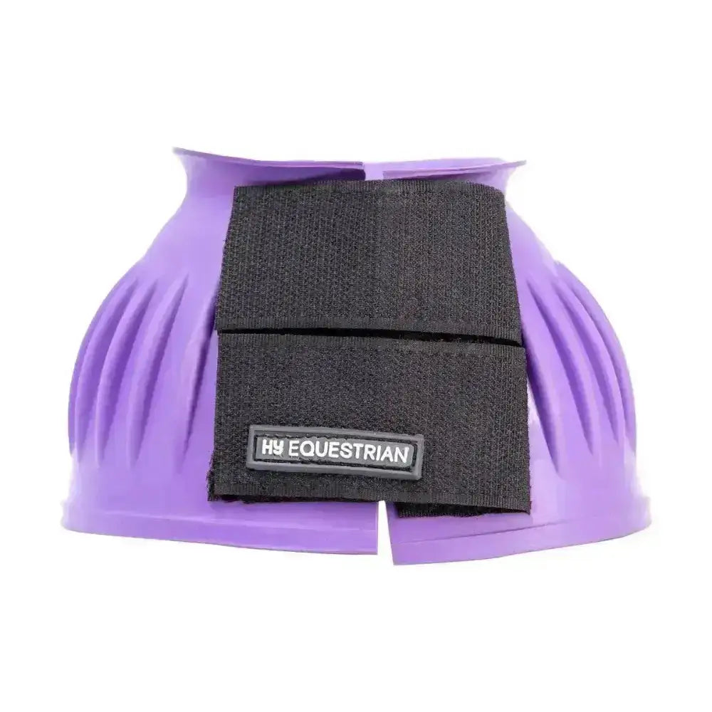 Purple hy equestrian rubber over reach boots with black velcro straps made of moulded rubber for equestrian use