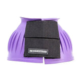 Purple hy equestrian rubber over reach boots with black velcro straps made of moulded rubber for equestrian use
