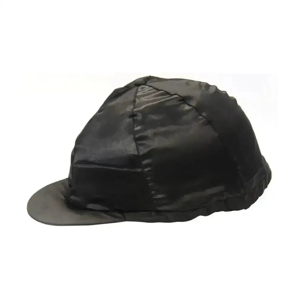 Black satin equestrian satin silks helmet cover with smooth glossy finish and subtle stitching details
