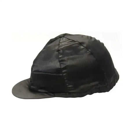 Black satin equestrian satin silks helmet cover with smooth glossy finish and subtle stitching details