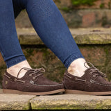 Brown suede equestrian savona deck shoes with white stitching and tan soles perfect for casual wear