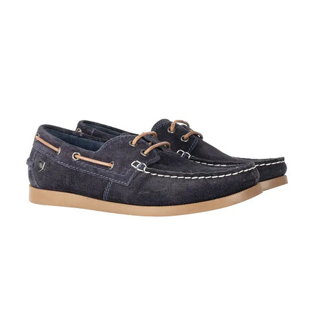 Dark blue suede hy equestrian savona deck shoes with tan laces and white stitching classic nautical style deck shoes