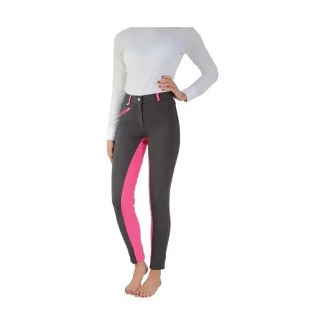 Black hy equestrian saxby silicone jodhpurs with vibrant pink side panels and zippers perfect for everyday riding