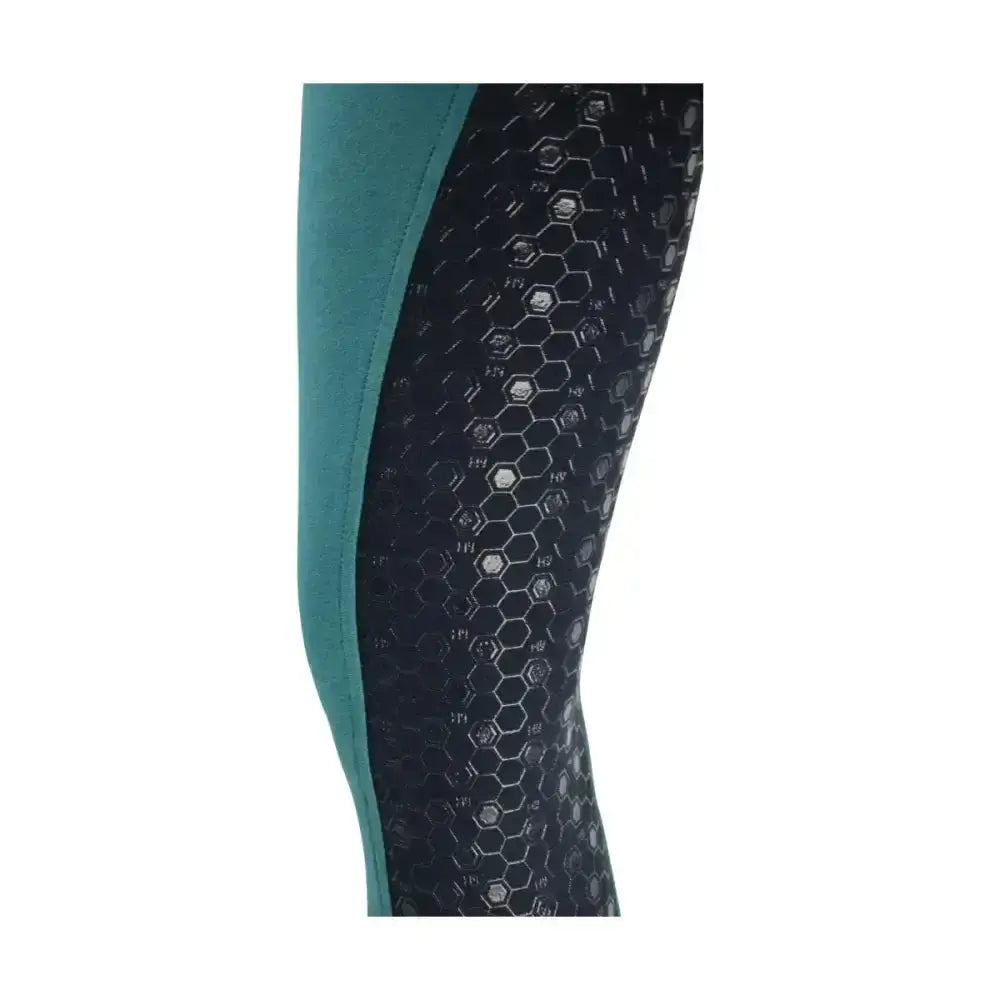 Black leggings with teal side panel and white hex pattern from hy equestrian saxby silicone jodhpurs for everyday riding