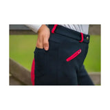 Black hy equestrian saxby silicone jodhpurs with red zipper accents and matching belt loops for everyday riding
