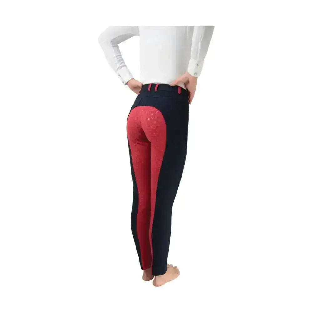 Black and red equestrian saxby silicone jodhpurs showing back padded design for everyday comfort and grip