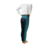 Back view of teal and black equestrian saxby silicone jodhpurs with lace panel perfect for everyday riding