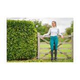 Teal equestrian saxby silicone jodhpurs with black side panels and zipper waist for everyday riding comfort