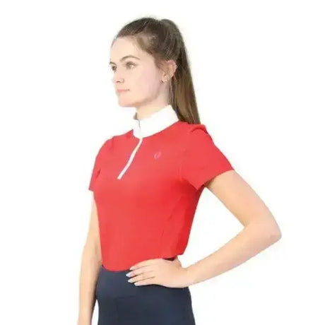 Hy equestrian scarlet show shirt in red with white collar zipper made from breathable material for optimum comfort
